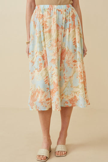 HK1852 Blue Womens Romantic Floral Elastic Waist Skirt Front